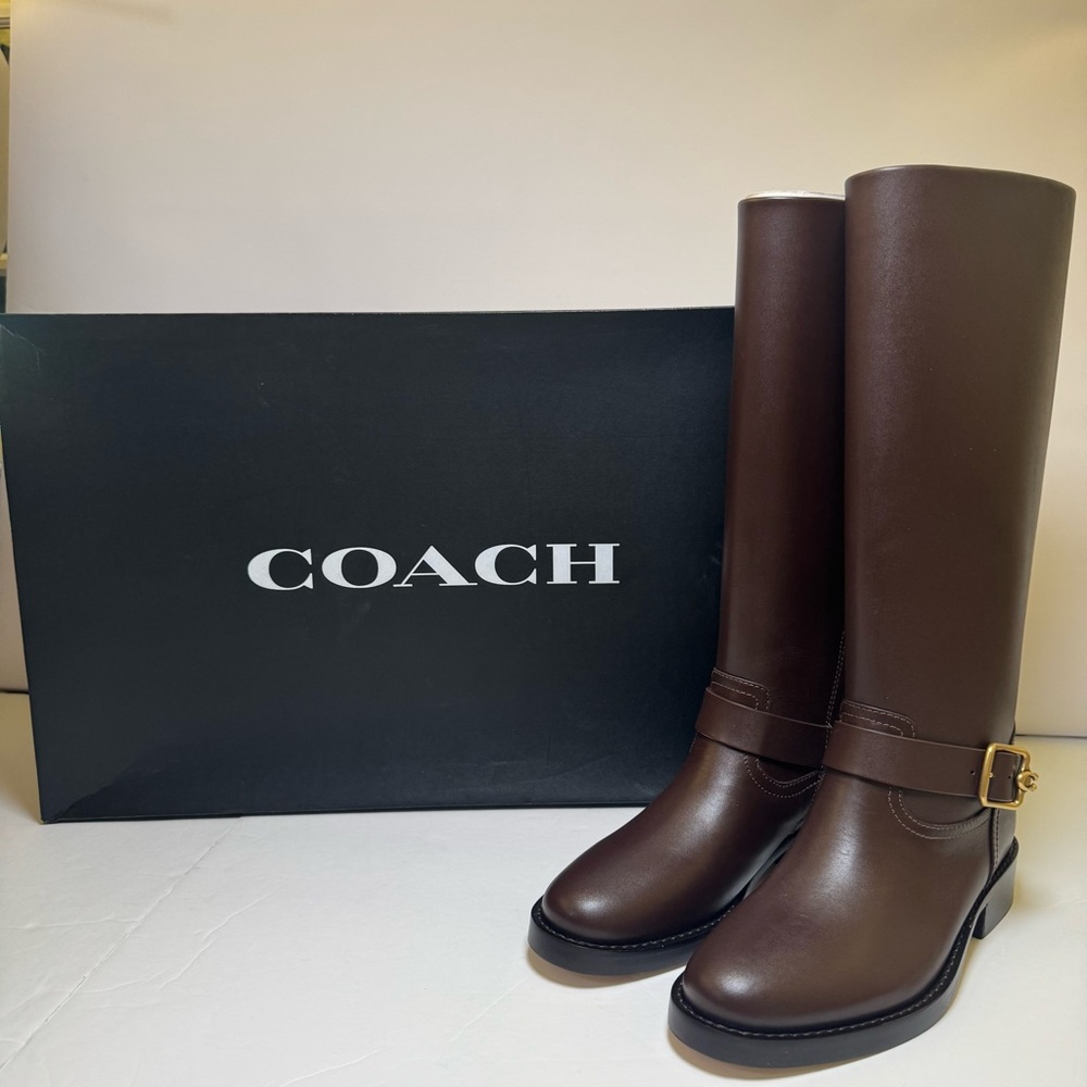 NEW Coach Brown Leather Tall Riding Boots Size 8 Knee High Buckle - Picture 16 of 16
